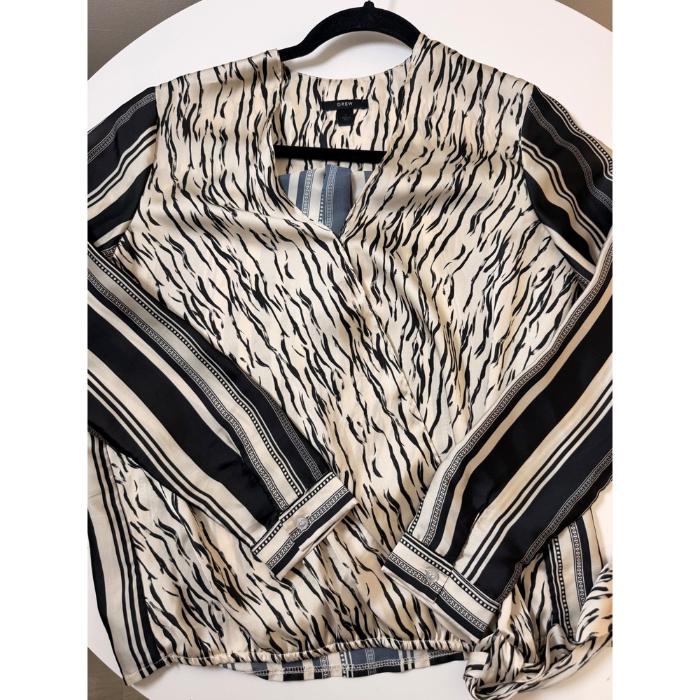 Drew Silk Wrap Blouse Black Cream Excellent Mixed Print Tiger Stripe - Picture 4 of 6
